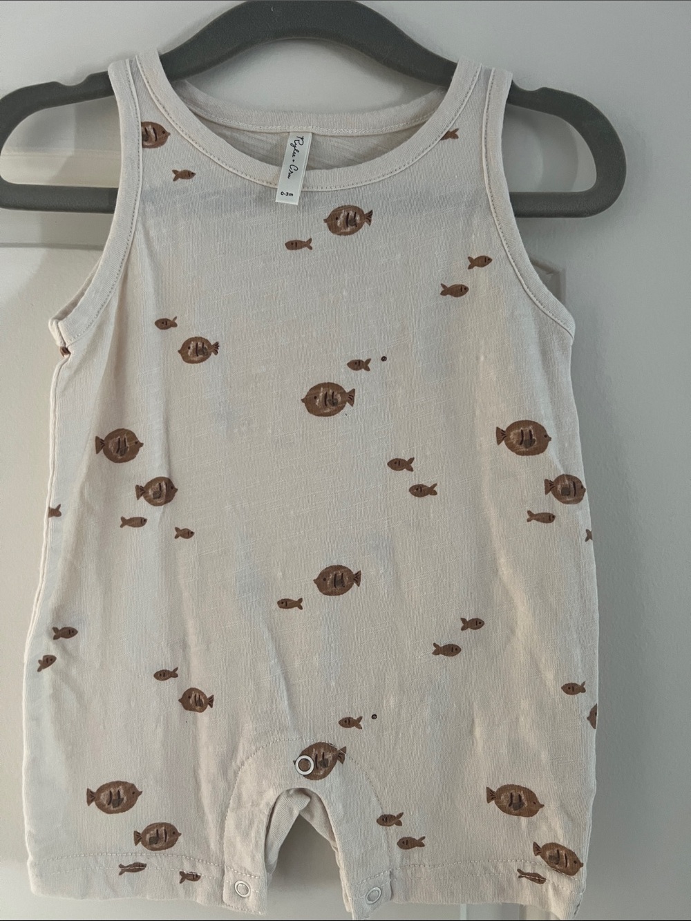 Rylee + Cru Cream Romper with Brown Fish Motif